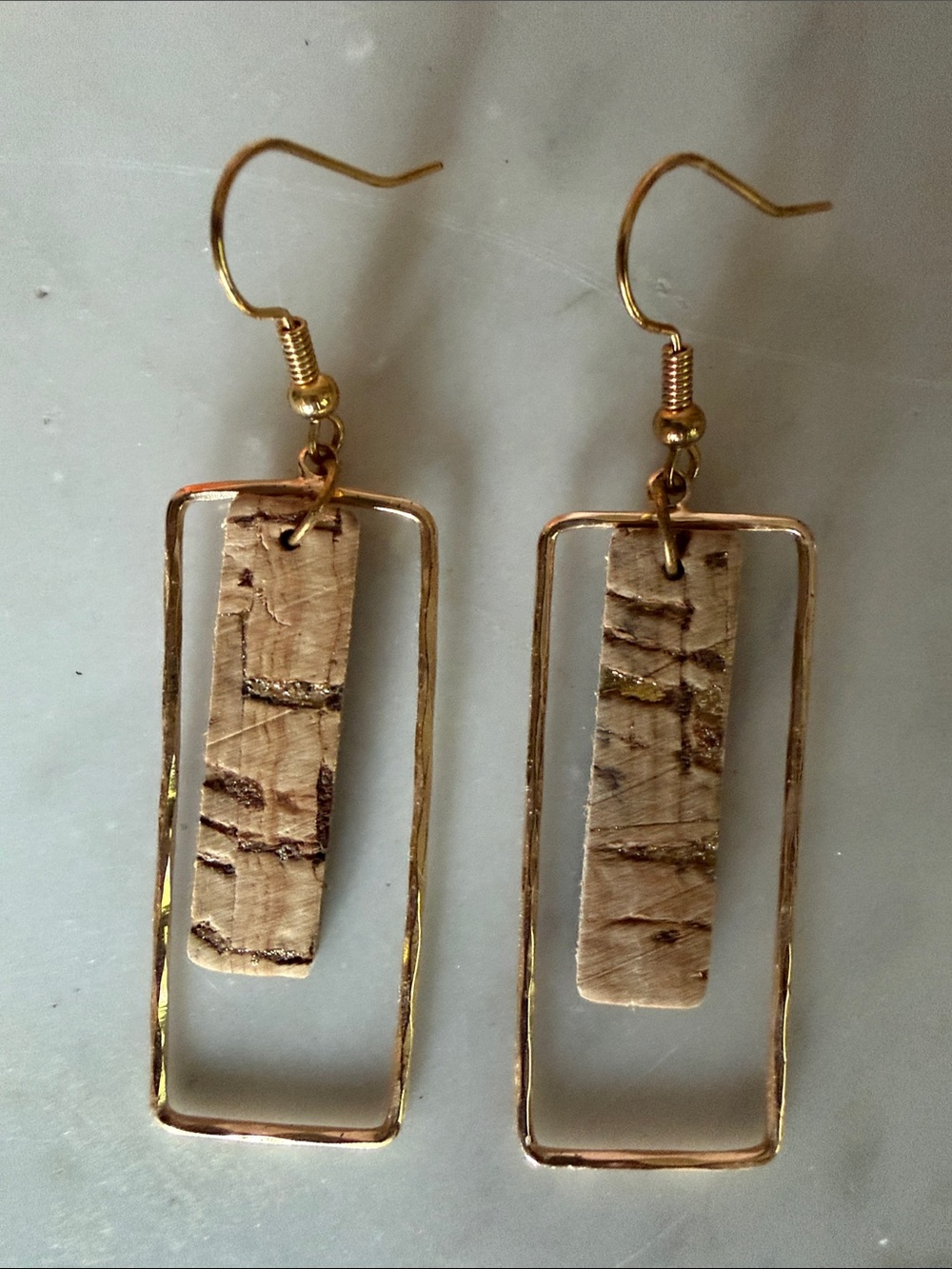 Gold Frame Cork Drop Earrings - Natural Cork